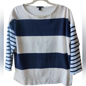 JCREW M Striped Navy Top 3/4 Sleeve Boatneck Coastalcore